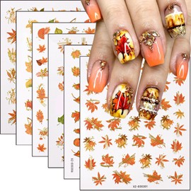 6 Sheets Fall Nail Stickers Autumn Nail Decals Wheat Ears Pumpkin Ginkgo Leaves Nails Design Thanksgiving Nail Art Stickers Bronzing Maple Leaf Nail Decoration Fall Sticker for Women DIY Manicure