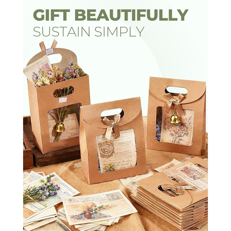 CYGYINT 50Pcs Brown Gift Bags with Clear Window 4.7''x2.4''x6.2'' Variety