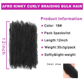 Afro Kinky Curly Braiding Hair for Dreadlock Extensions Repair Locs 3 Packs Synthetic Afro Kinkys Bulk Hair Bundles Micro Spring Afro Twist Hair Bulk for Mini Twist Hair (1B, 12 Inch)