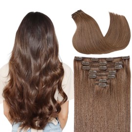 EnthayPow Clip in Hair Extensions Real Human Hair，Ash Brown Hair Extensions for Women，Natural Hair Clip in Hair Extensions，Remy Human Hair Extensions，16 Inch 7pcs/120g
