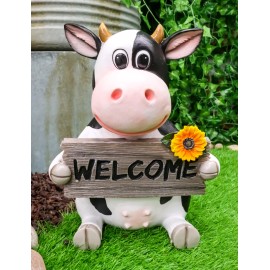 Ebros Gift Sunflower Country Side Whimsical Holstein Cow With Welcome Sign Statue 13"Tall