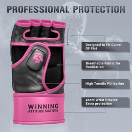 WAMM Sports 総合格闘技グローブ - 男女兼用 - MAXForce EVE ケガ防止 衝撃吸収ボクシング グローブ キックボクシンググローブ - ハーフフィンガー、ムエ用オープンパーム、スパーリング、パンチングバッグ(ピンク、L/XLサイズ)