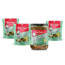 SuckerPunch Pickles | Pantry Pack | One 24oz Jar | Three 3.4oz Pouches | Non-GMO (3-Pepper Fire + 3 Pouches)