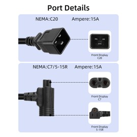 GELRHONR 2FT C20 to C7 and Nema 5-15R Piggyback Power Cable, 3 Prong C20 Plug to Female C7 & 5-15R Power Cable Splitter for Servers, Desktop Computers, Monitors and More (C20 to C7+5-15R, 2FT)