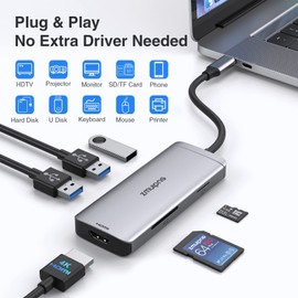 USB C Hub HDMI Adapter for MacBook Pro Air, 6 IN 1 USB C Dongle Mac Adapter with 4K HDMI, 3 USB 3.0 Ports, SD/TF for Dell XPS, Surface, HP and More Type C Devices