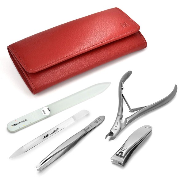 GERMANIKURE 5pc Manicure Set in Leather Case -FINOX Stainless steel tools handmade in Solingen Germany – Professional Nail and Cuticle Care Travel Implements
