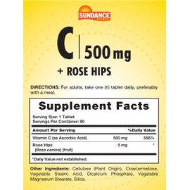 Sundance Vitamin C with Rose HIPS | 500mg | 90 Vegetarian Tablets | Essential Vitamin | Vegetarian, Non-GMO, and Gluten Free Supplement