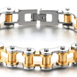 Masculine Mens Bike Chain Bracelet of Stainless Steel Silver Gold Two-Tone High Polished