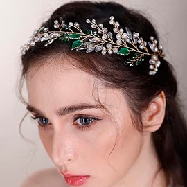 Diadema de novia con hojas verdes, perlas de cristal y diamantes de imitación para novia, dama de honor, enredadera para el cabello con perlas y diamantes de imitación para bodas, accesorios para el