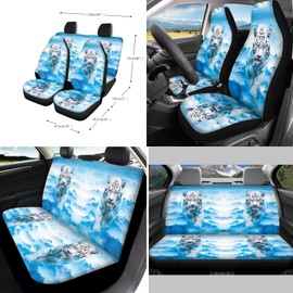Xoenoiee White Tiger Print Front Rear Seat Cover for Car SUV Interior Accessories Set with Steering Wheel Cover, Seat Belt Cover, Auto Coasters, Key Chains, 11 Pcs