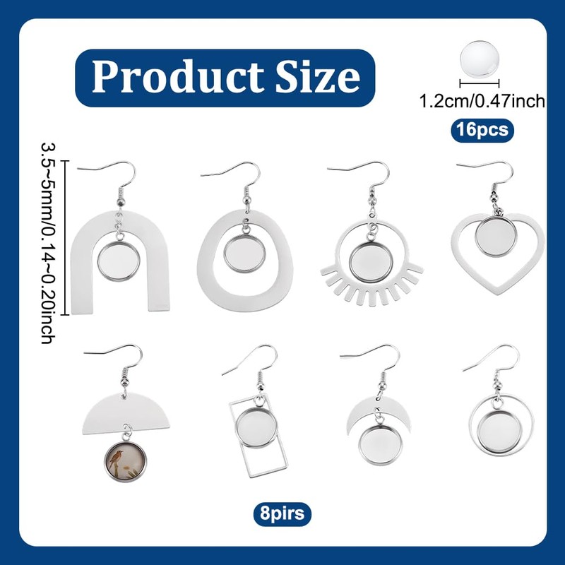 UNICRAFTALE 16pcs 8 Styles Stainless Steel Earrings Bezel Blanks Hooks