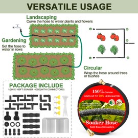 Rubber Soaker Hose 1/2 inch 150ft Garden Drip Hose Solid Brass Connector for Efficient Watering Tree Lawns and Irrigation Vegetable Fields