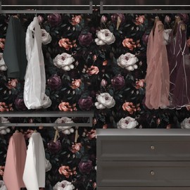 Laatse Dark Floral Peel and Stick Wallpaper, Vintage Floral Contact Paper, Waterproof Self Adhesive Boho Decor Black Rose Wall Paper for Bedroom Walls Bookcase Drawers 17.5in x 9.8ft