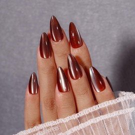 KQueenest Cat Eye Press On Nails Almond Medium, 30 Pcs Glitter Brown Press On Nails Summer, Sparkly Fake Nails With Glue, Luxury Glass Nails Press ons, Reusable Stick on Nail for Women Gift