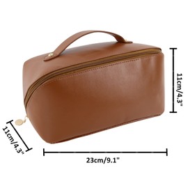 Large Capacity Travel Cosmetic Bag, Waterproof Portable Makeup Bag with Handle and Divider for Women, PU Leather Make Up Storage Bag with 11PCS Burshes Hanging Toiletry Bag,Brown