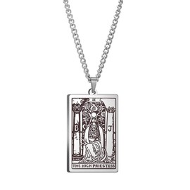 Retro Vintage Stainless Steel Tarot Card Rider Waite Pendant Necklaces Laser Engraved Astrology Divination Magic Amulet Necklaces for Women Mens Teens Friendship Jewelry Gifts-high Priestess