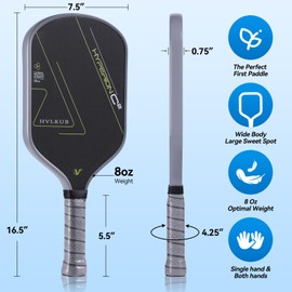 HVLKUB Lightweight Pickleball Paddle Equipment-Raw T700 Carbon Fiber Surface|16mm PP Honeycomb Core|Outdoor or Indoor| 1 Paddle For Beginner-Intermediate-Professional Players, Men & Women(Grey Yellow)