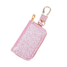 BUNCHBRAVO Pink Car Key Holder Bag with Zip-Around Case, Clip Hook, Sparkly Glitter Faux Leather Auto Remote Key Cover for Women