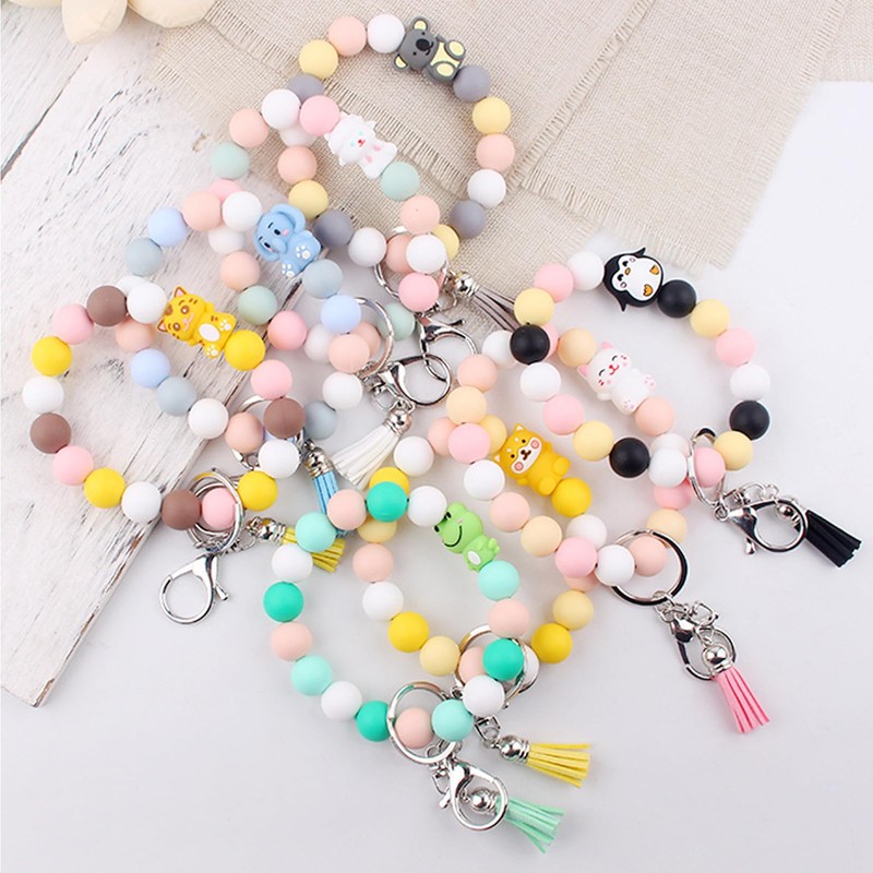 Animals Beaded Silicone Bracelet Wristlet Keychain, Cat Dog Elephant Lamb