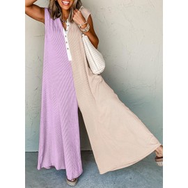 CHARTOU Loose Striped Wide Leg Jumpsuit for Women Summer Comfy Sleeveless Romper Baggy Overall (Medium,Purple)