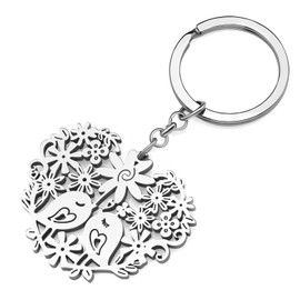 LONYOO Valentines Day Couples Love Bird Keychain Stainless Steel Heart Bird Gifts for Women Girls Car Key Purse (Silver Plated)