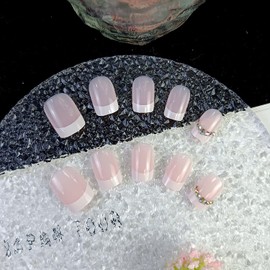 French Tip Press on Nails Acrylic Short Fake Nails Artificial Glue on Nails Stick on Nails Nude Pink Rhinestones False Nails with Designs for Women Girls for Nail Art 24Pcs