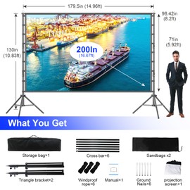 200 inch Projector Screen with Stand,HUANYINGBJB Outside Projection Screen, Portable 16:9 4K HD Rear Front Movie Screen with Carry Bag for Theater Backyard Movie Night,Cinema School, Churches