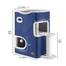 YITAHOME 2-Tier Cat House: Indoor Cat Cave Bed Playhouse, Covered Cat Beds & Furniture with Scratch Pad and Hideaway Cave, Cute Modern Cat Condo Furniture for Multi Small Cats, Blue