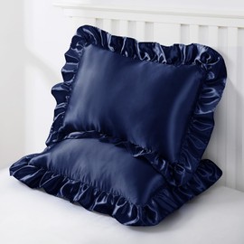 Entisn Ruffle Satin Toddler Pillowcase Set of 2, 13 x 18 Inch Toddler Silky Pillow Covers with Envelope Closure, Anti Wrinkle Soft Travel Pillow Case Nursery Pillow Sham for Girls, Boys (Navy Blue)