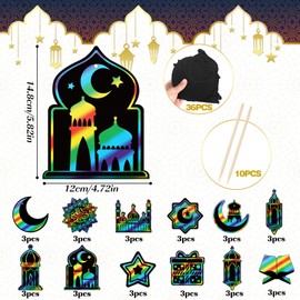 HOWAF 36pcs Ramadan Eid Scratch Art for Kids, Star Moon Lantern Mosque Shaped Rainbow Scratch Paper Eid Ramadan Decorations Ornaments Eid Crafts for Kids Islamic Gifts Ramadan Eid Gifts for Kids
