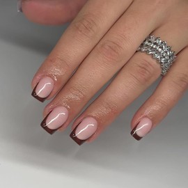 30 Pcs Brown French Tip Press on Nails Short Square Nails Press ons, Short Fake Nails Coffin Acrylic Nails French Glue on Nails Short False Nails for Women, Natural French Short Gel Nails 15 Sizes