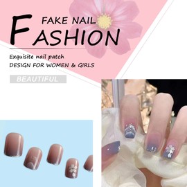 Pack of 24 Square Nails for Sticking Short, Blue Gradient French Artificial Nails, Natural Artificial Nails, Press on Nails with Snowflake Design, Square Fingernails Fake Nails for Women and Girls