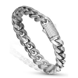 Luxfine 12mm Miami Cuban Link Bracelet 14K REAL Gold Plated Hypoallergenic Premium Stainless Steel Hip Hop Jewelry For Men Women (No Color Fade, Double-sided Iced Out Clasp) (White Gold, 7.5)