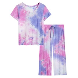 Amorbella Capri Pyjamas Bamboo Sets Ladies Thin Breathable Cool Nightwear for Hot Flashes (Tie Dye Purplepink, Small)