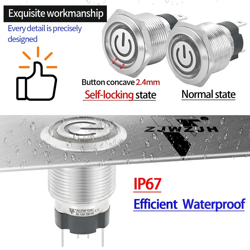 UL Listed 15Amp 19mm 3/4'' Latching Push Button Switch Red