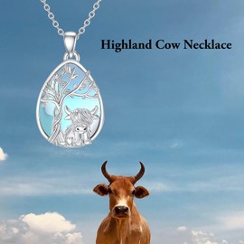 MEIDERBO Highland Cow Necklace 925 Sterling Silver Teardrop Moonstone Tree of Life Pendant Scottish Cattle Highland Cow Jewelry Gifts for Women