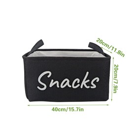 SnowTing Fabric Snack Basket for Kitchen Pantry Countertop, Black Large Foldable Snack Basket Organizer with Handle for Chips, Candy, Popcorn, Pretzels, 15.7 x 11.8 x 7.87 Inch