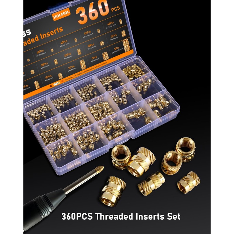 HOLMOL Threaded Inserts for Plastic 360PCS, Heat Inserts Assortment Set,
