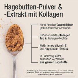 Organic Rosehip Powder with Collagen Peptides & Natural Vitamin C from Rosehip Extract, Collagen Type 2, in Raw Food Quality, Highest Dose for Optimised Collagen Formation, Rich in Galactolipids