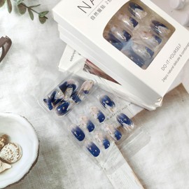 Dark Blue Press on Nails Oval Fake Nails Gold Glitter False Nails Gel Glue on Nails Medium Full Cover Acrylic Nails Glossy Artificial Nails Summer Stick on Nails for Women Manicure 24Pcs