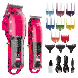 Professional Hair Clippers for Men, Cordless Barber kit for Hair Cutting & Grooming, Pink Hair Clippers and Trimmer Set for Barber Haircut with LED Display, 8 Fade Taper Combs