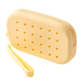 JOVAKIT Small Portable Silicone Makeup Bag for Women with Decorative Holes, Travel Waterproof Toiletry Cosmetic Bag Gifts for Women, Zipper Closure Makeup Case with Handle (Yellow)