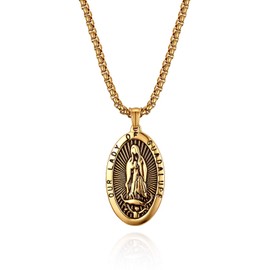 Flongo Rosary Chain Necklace, Stainless Steel Pendant Necklace Chain Silver Gold Golden Virgin Mary Saint Mary Mother of God Retro Medallion Men Women, Stainless steel, high-quality