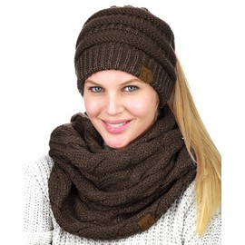 C.C BeanieTail Messy High Bun Cable Knit Beanie and Infinity Loop Scarf Set, Brown Metallic