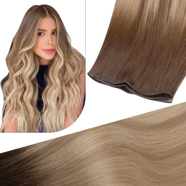 Fshine Real Hair Extensions Ombre Colour Dark Brown Faded to Light Brown and Light Blonde Real Hair Wefts for Sewing Sew-in Extensions Real Hair Straight Virgin Human Hair 25 g #4-7-80