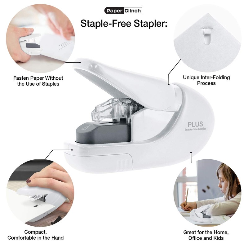 Plus Paper Clinch Compact Staple-Free Stapler, Ivory White