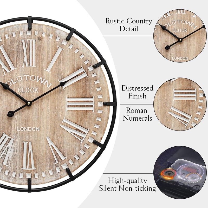 EMAX HOME 20 Inch Large Farmhouse Wall Clock, Rustic Antique