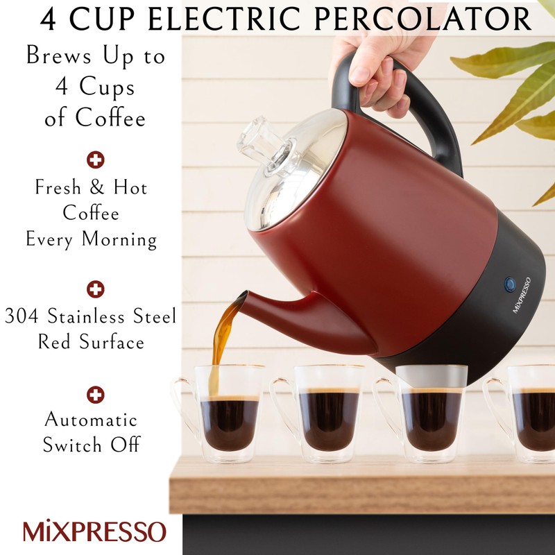 Mixpresso Red Small Percolator Coffee Pot Electric 4 Cup, Stainless