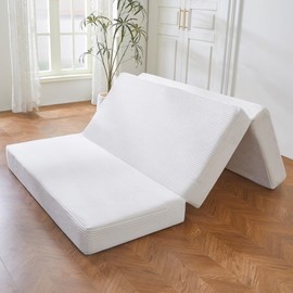 BYBYME Tri-Folding Corduroy Mattress, 6 Inches Gel Folding Mattress Topper, Foldable Soft Guest Bed Camping Pad, Washable Cover (Beige, Full)