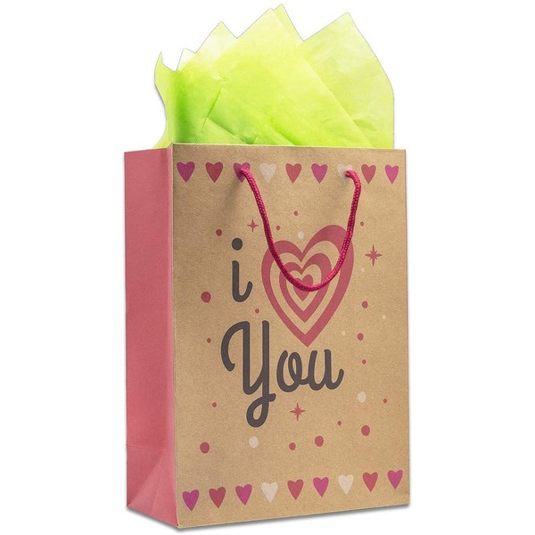 12-Pack Foldable Kraft Paper Gift Bags with Handles (Small 7.75", I Heart You) for Anniversary, Valentine's Day Presents, Retails by TheDisplayGuys